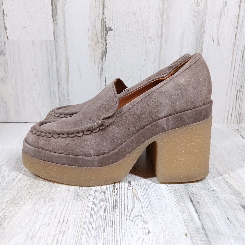 Marc Fisher Lina Loafers Women's 9.5 Taupe Suede Heeled Chunky‎ Platform Y2K 90s